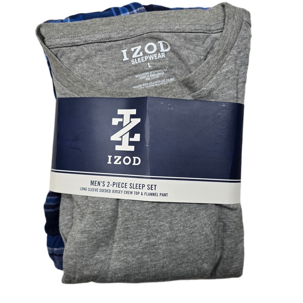 IZOD 2‎ Piece Sleep Set Mens Large Long Sleeve Jersey Crew Top Flannel Pant NEW